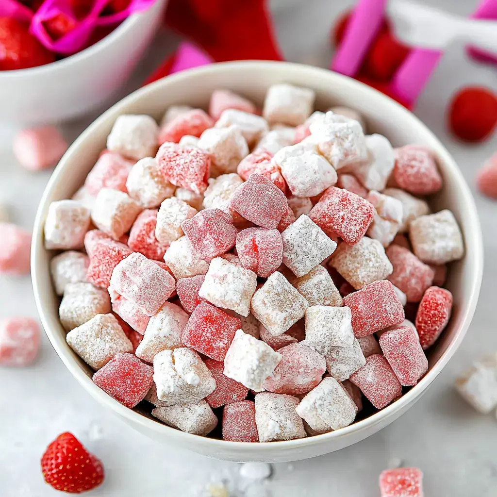 Eine weiße Schale gefüllt mit rosa und weiß gepuderten Würfeln, die wie Gummibonbons aussehen. Im Hintergrund liegen Erdbeeren und Deko.