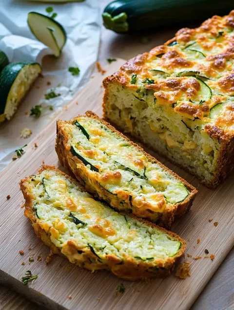 Ein Laib Zucchinibrot wird auf einem Holzbrett geschnitten, die käsige, hellgrüne Innenseite ist zu sehen, daneben liegen ganze Zucchini.