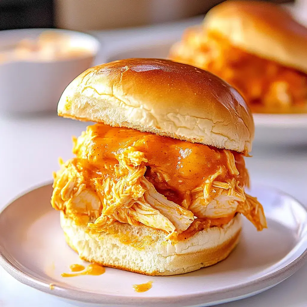 Ein saftiges Brötchen mit zerrupftem, orangem Hähnchen, serviert auf einem weichen Brötchen.