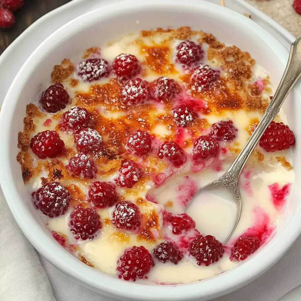 Ein cremiges Dessert mit Himbeeren und einer goldenen, knusprigen Kruste, serviert in einer weißen Schale mit einem Löffel.