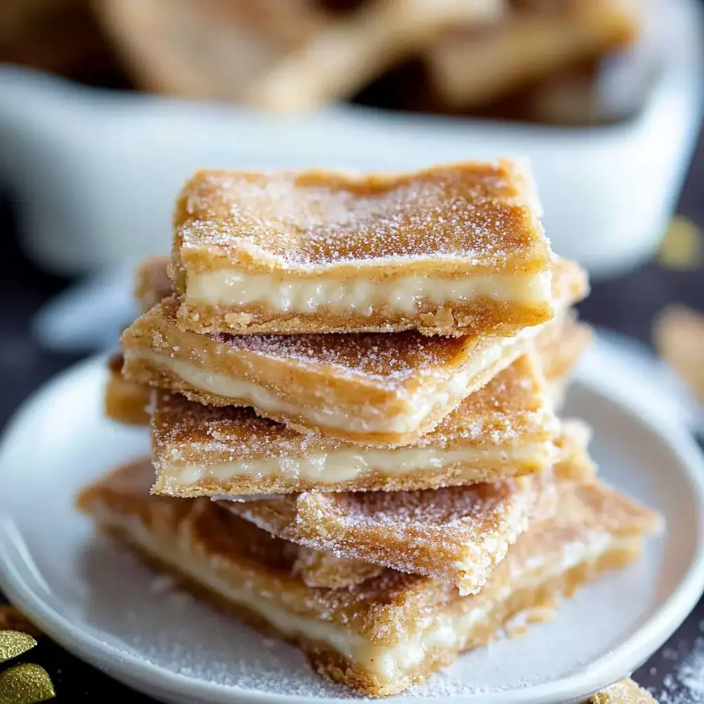 Nahaufnahme eines Stapels goldbrauner Dessert-Quadrate mit Zuckerkruste und einer cremigen Füllung im Inneren.