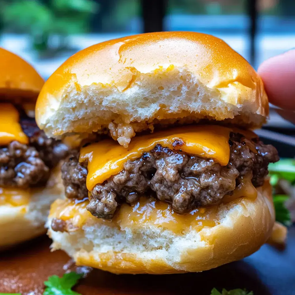 Nahaufnahme eines Sliders mit geschmolzenem Käse, saftigem Hackfleisch und weichen Brötchen.