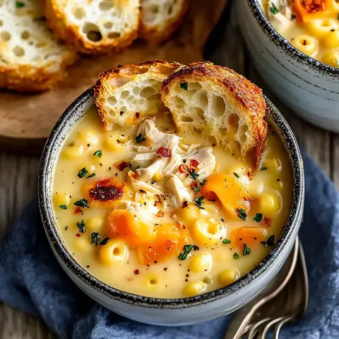 Eine Nahaufnahme einer Schüssel cremiger Huhn-Käse-Nudelsuppe, garniert mit Kräutern und einem Stück getoastetem Brot obendrauf.