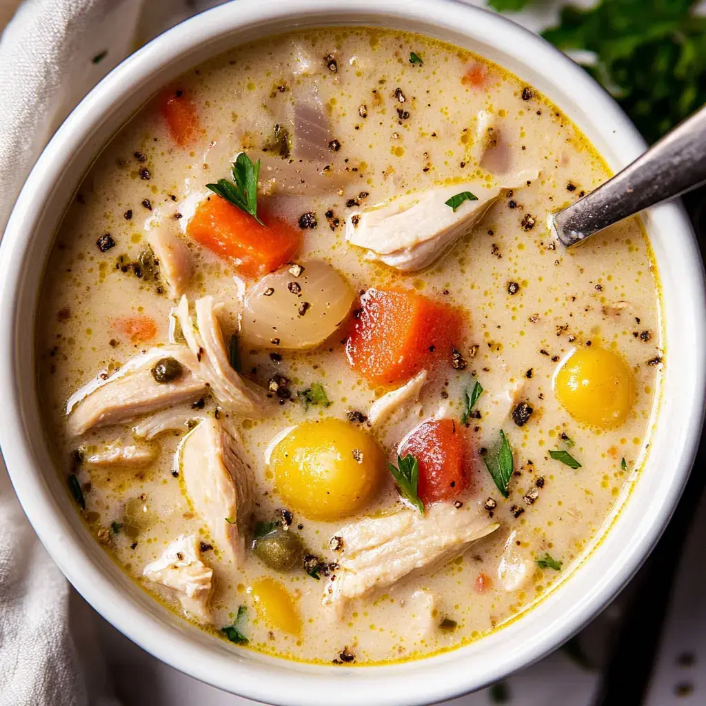Nahaufnahme einer cremigen Suppe mit gerupfter Pute, Gemüse und Kräutern in einer weißen Schale.