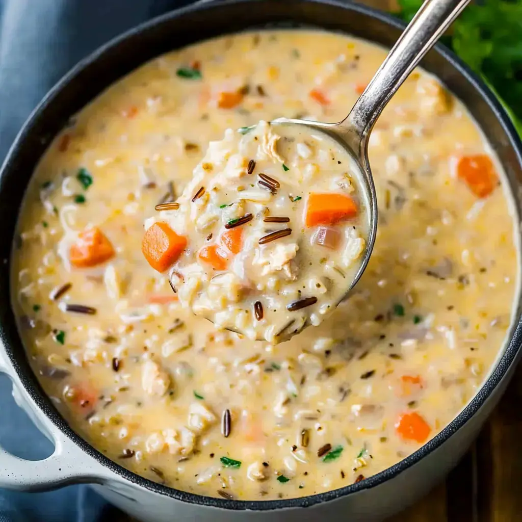 Ein Löffel cremige Suppe mit Hähnchen, Karotten und Wildreis wird aus einem Topf gehoben.