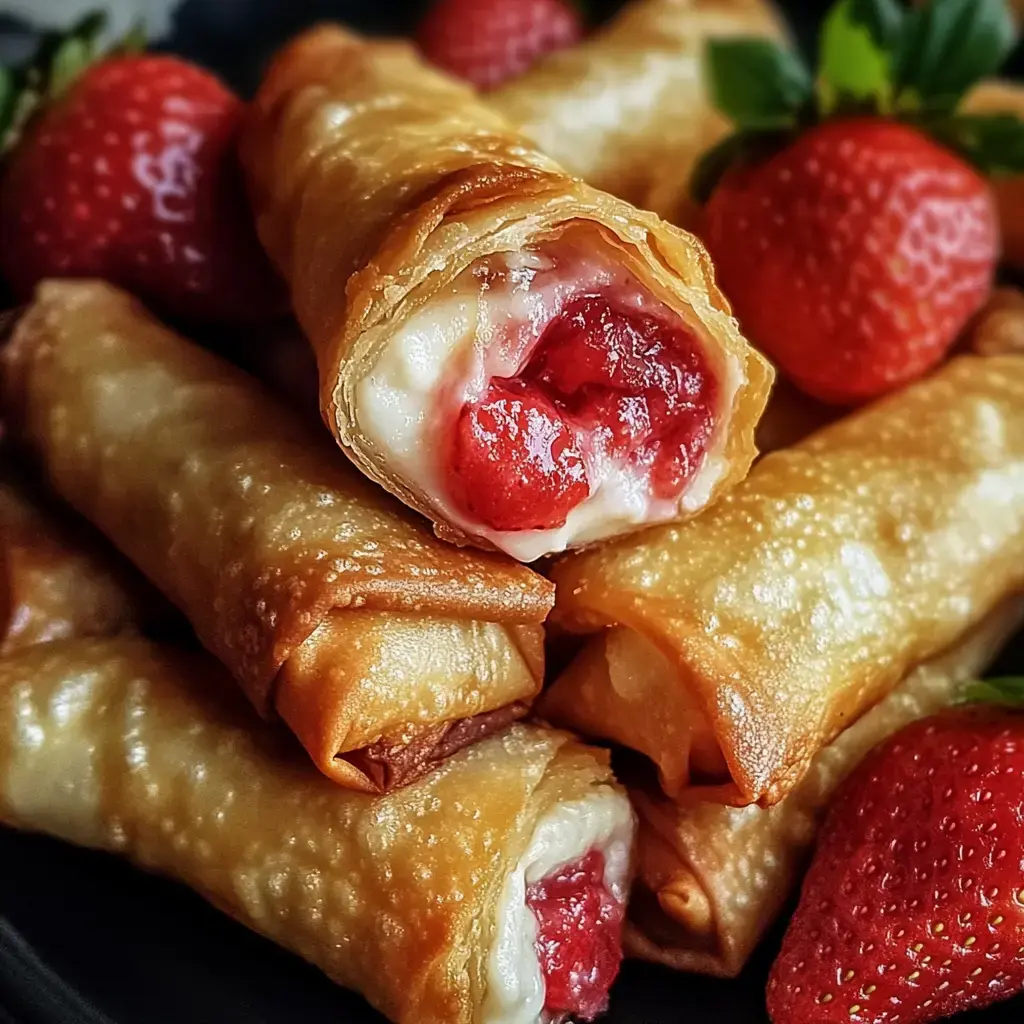 Nahaufnahme von knusprigen Teigrollen gefüllt mit Cheesecake und Erdbeeren, umgeben von frischen Erdbeeren.