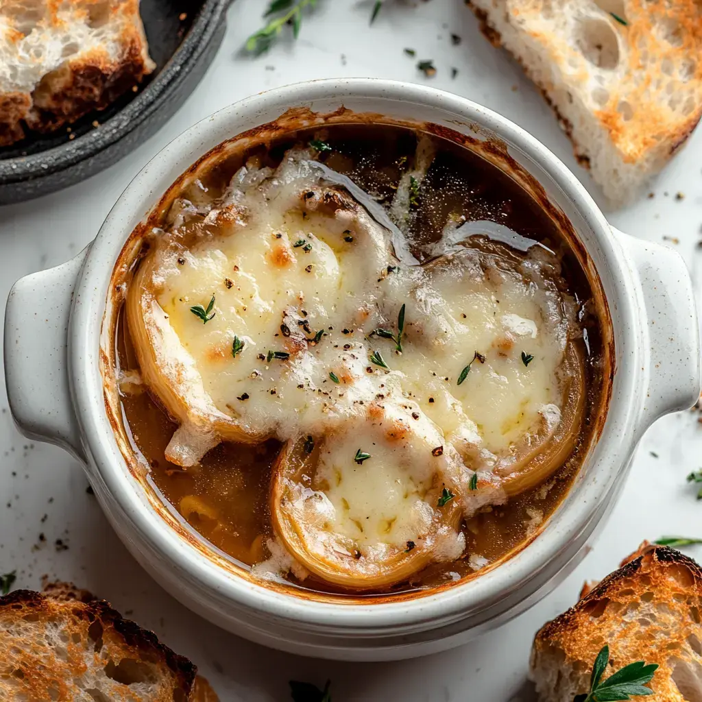 Eine warme Schale französische Zwiebelsuppe mit geschmolzenem Käse, serviert mit knusprigem Brot und Thymian.