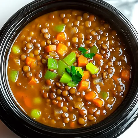 Nahaufnahme einer schwarzen Schüssel mit Linsensuppe, grünen Paprikastücken, Karotten und Petersiliengarnitur.