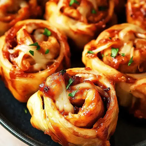 Nahaufnahme von Käse-Wraps in Spiralform mit Marinara-Soße und frischer Petersilie garniert.