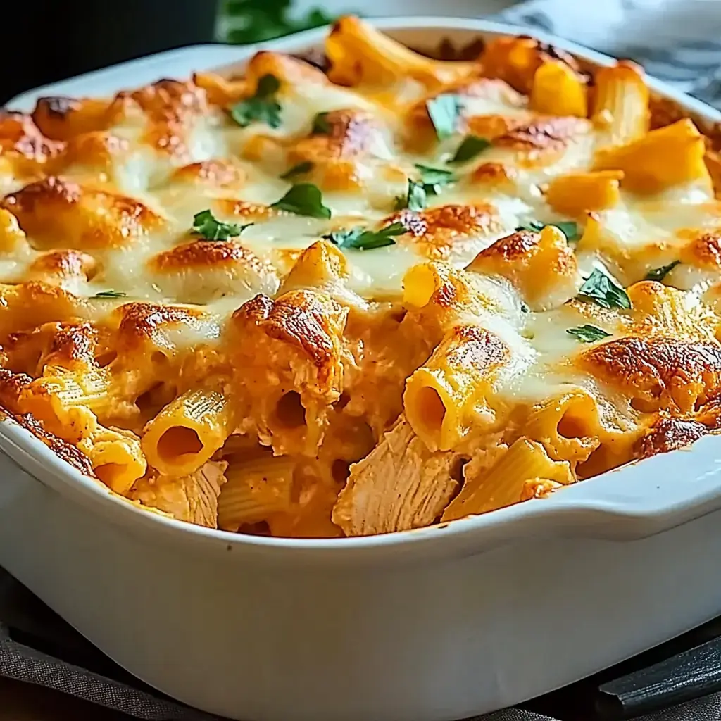 Ein cremiger Pasta-Auflauf mit goldbraunem geschmolzenem Käse, garniert mit frischer Petersilie.