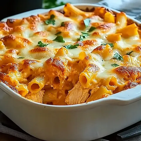 Ein cremiger Pasta-Auflauf mit goldbraunem geschmolzenem Käse, garniert mit frischer Petersilie.