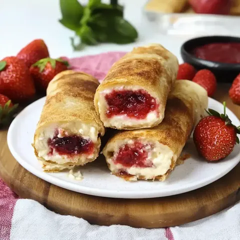Ein Teller mit drei goldbraunen gerollten Pfannkuchen, gefüllt mit Erdbeermarmelade, umgeben von frischen Erdbeeren.