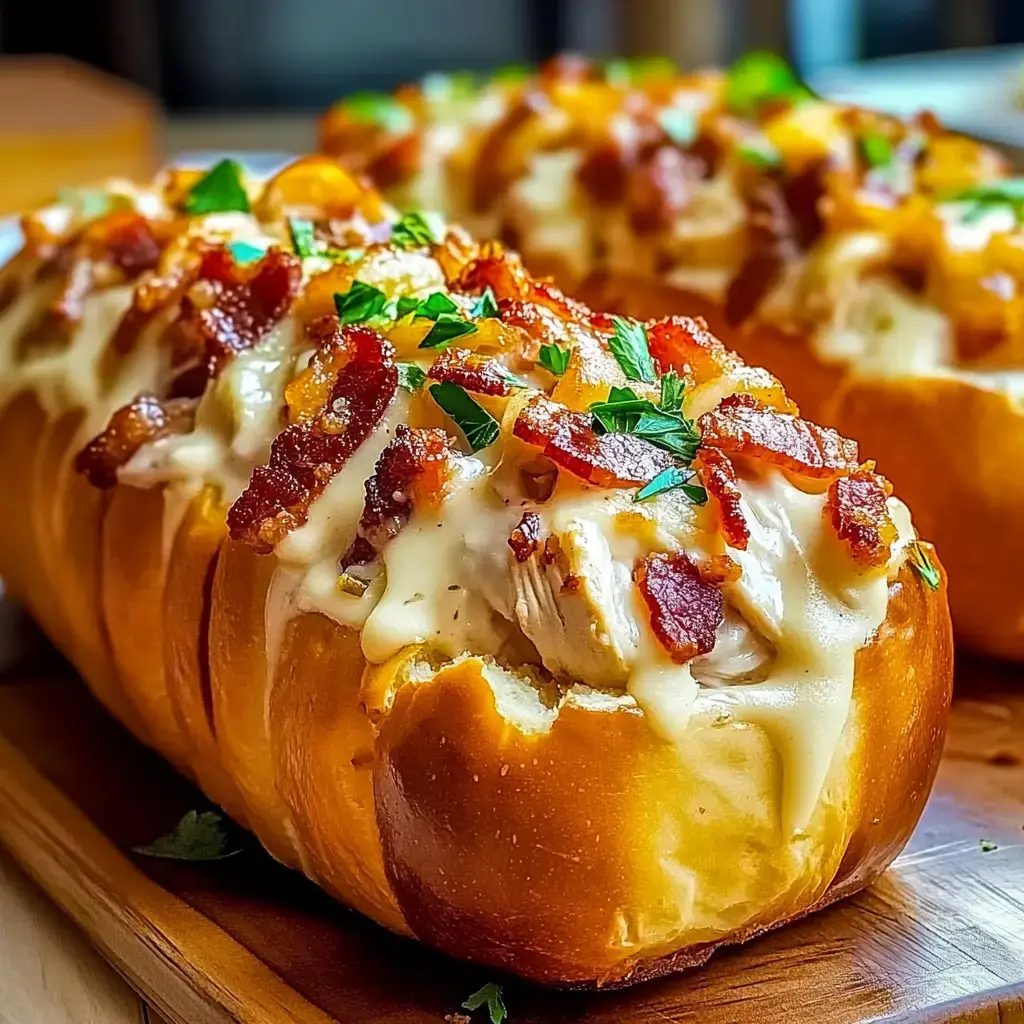 Zwei goldbraune Brötchen mit geschmolzenem Käse, knusprigem Speck und frischer Petersilie.