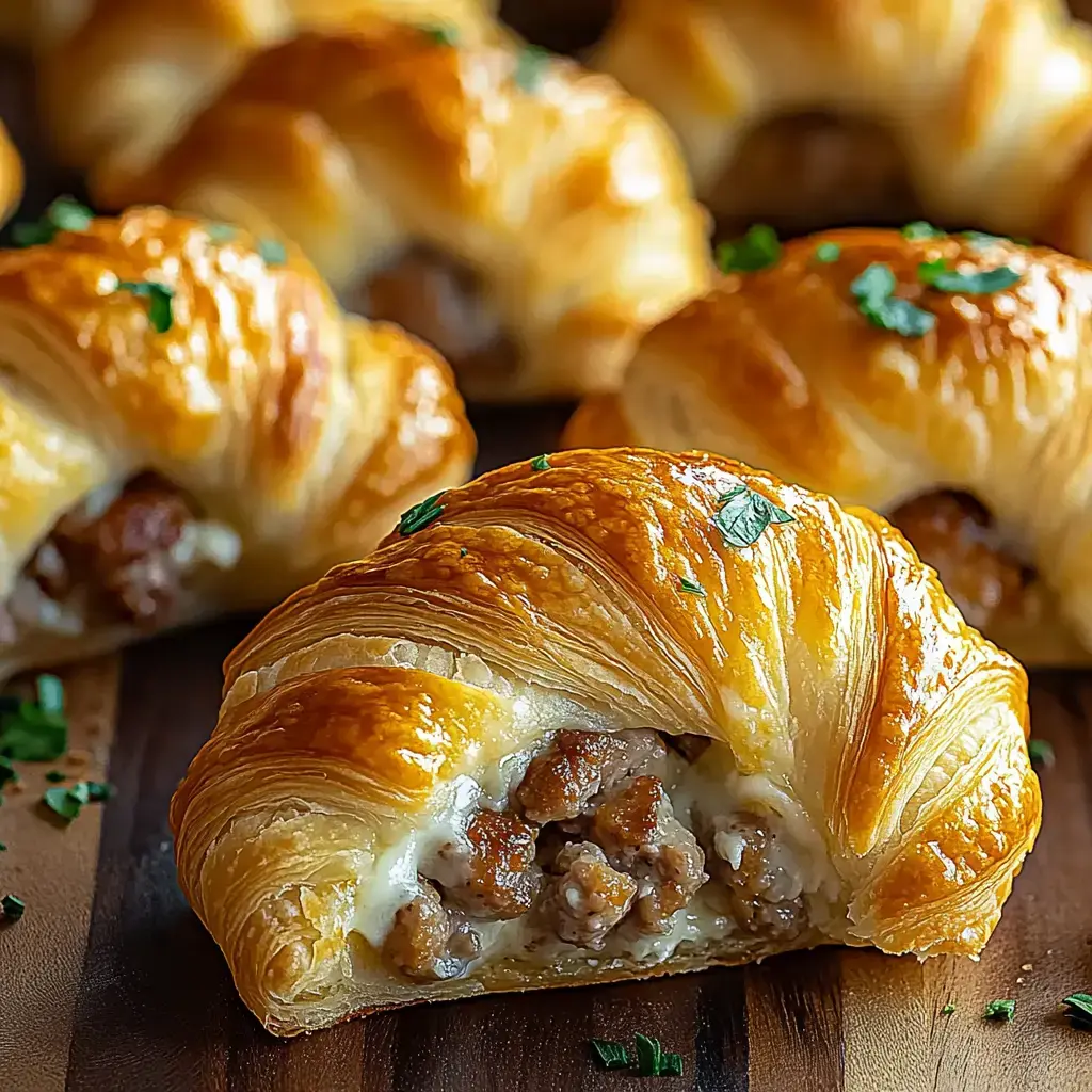 Ein knuspriges, goldenes Hörnchen mit Wurst und Käse gefüllt, garniert mit gehackter Petersilie, auf einer Holzoberfläche.