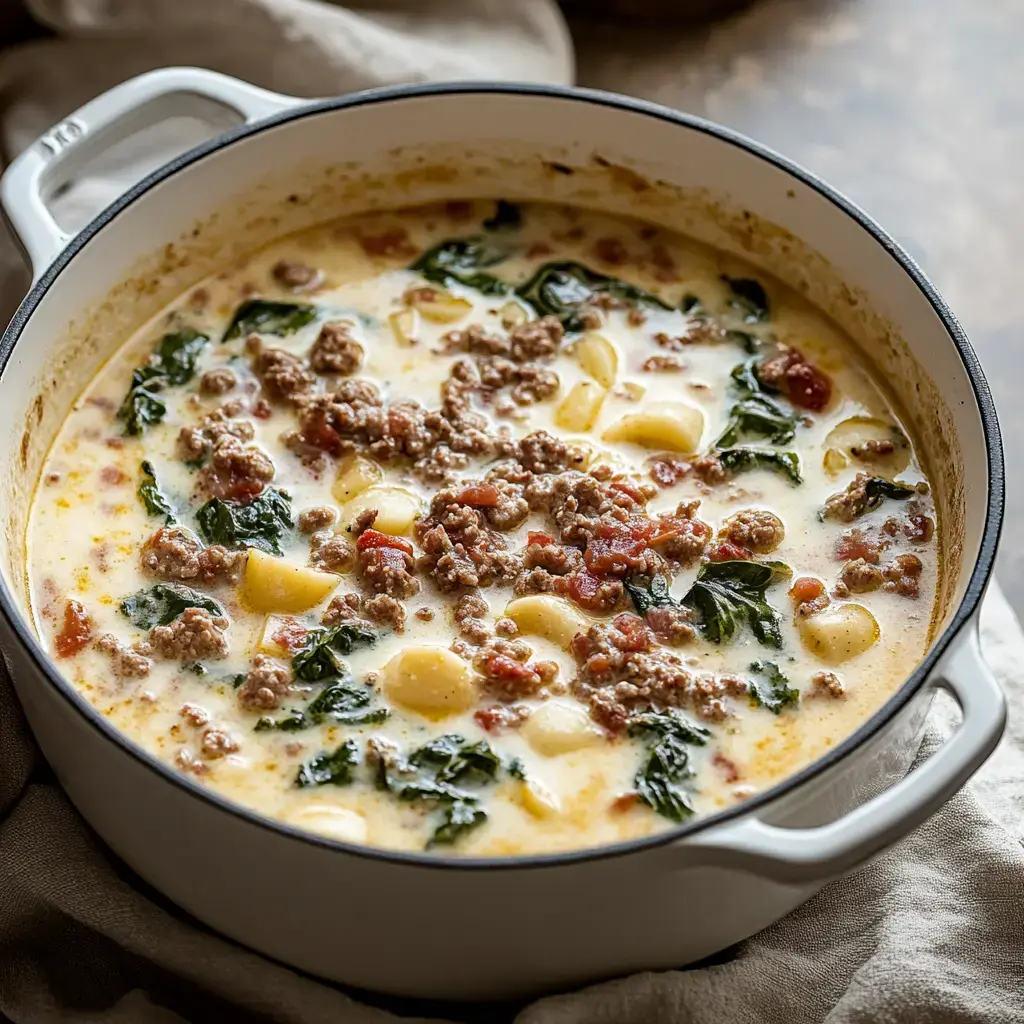 Eine cremige Suppe mit Hackfleisch, Kartoffeln und Grünkohl, die in einem weißen Topf köchelt.