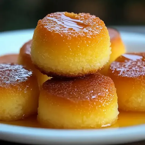 Ein Teller mit goldenen, runden, mit Sirup überzogenen kleinen Kuchen, die übereinander gestapelt sind.
