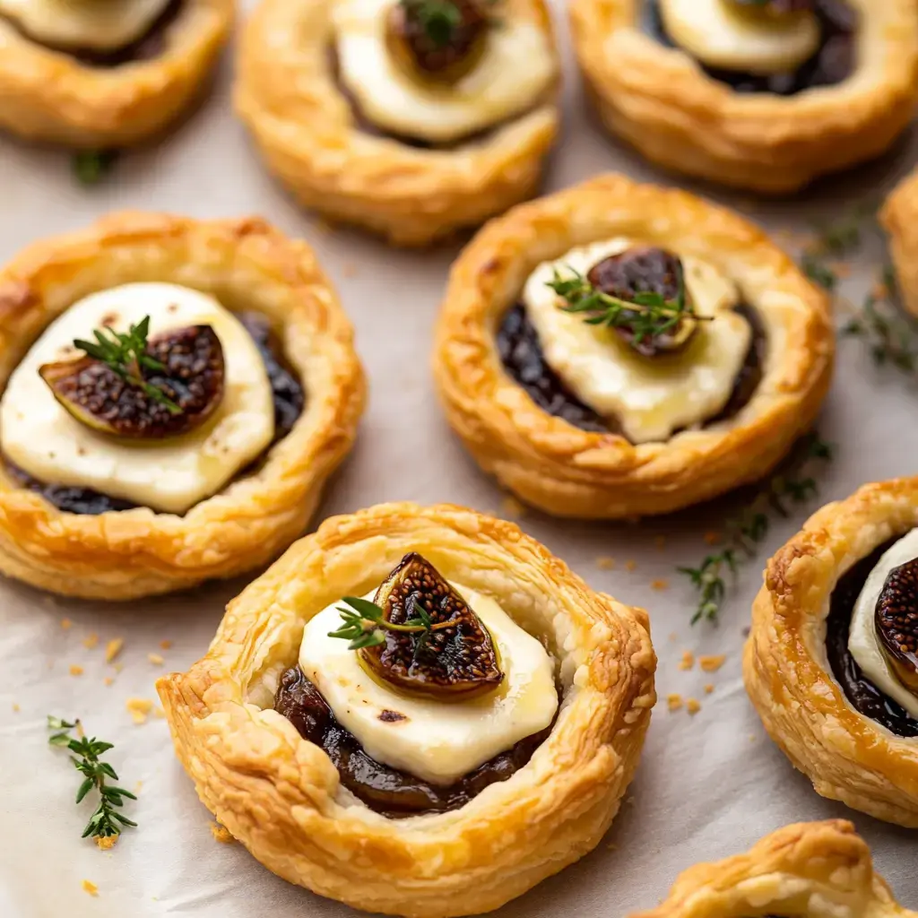 Nahaufnahme von goldbraunen Blätterteighäppchen mit dunklem Fruchtkompott, cremiger Schicht, getrockneter Feige und frischem Thymian als Garnitur.