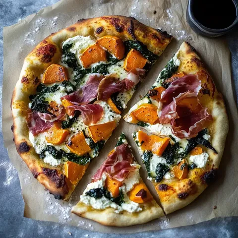 Frisch gebackene Pizza mit Ricotta, Kürbis, Grünkohl und Schinkenscheiben, einige Stücke sind auf Backpapier arrangiert.