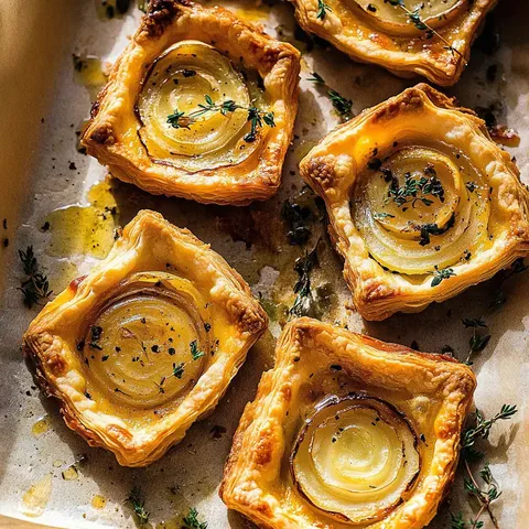 Fünf goldbraune Blätterteig-Tartelettes mit Zwiebeln und frischem Thymian auf einem Pergamentpapier-Tablett arrangiert.