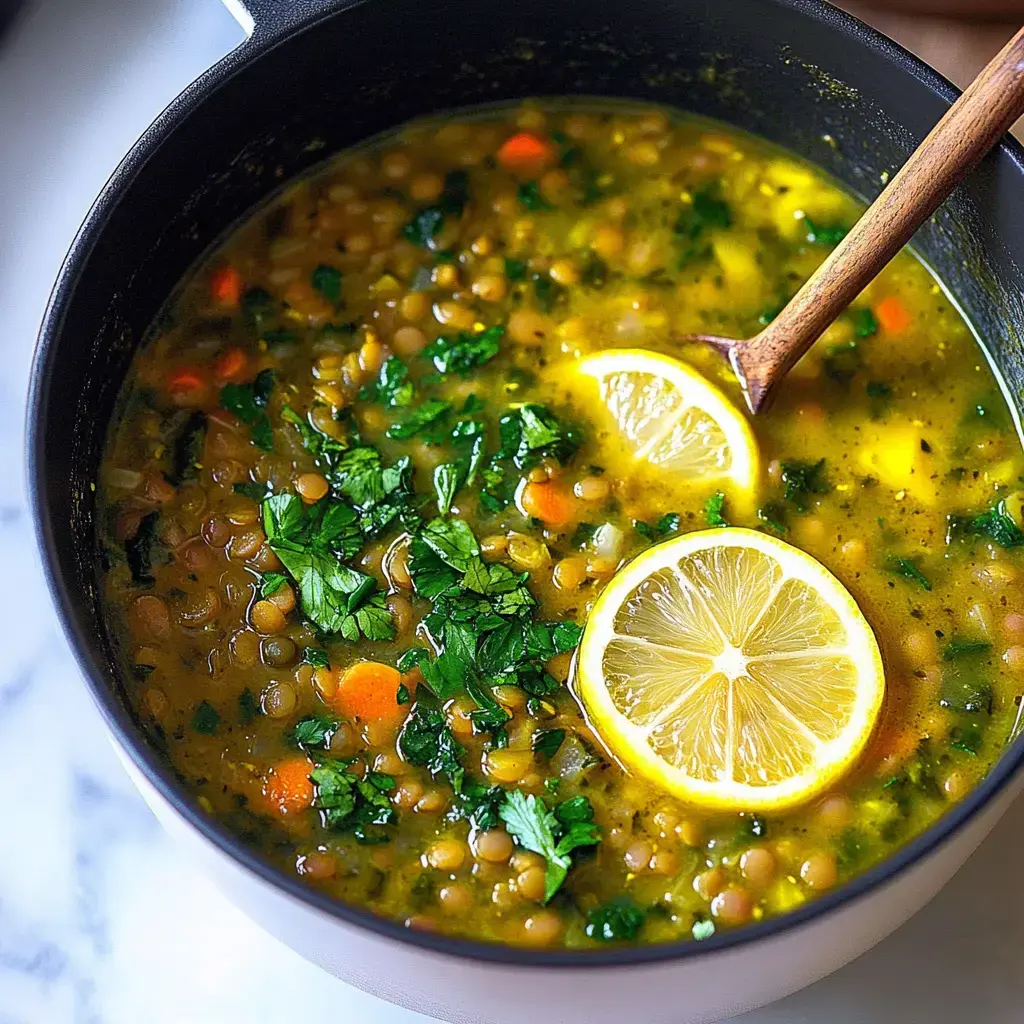 Nahaufnahme eines Topfes Linsensuppe, garniert mit frischen Kräutern und Zitronenscheiben.