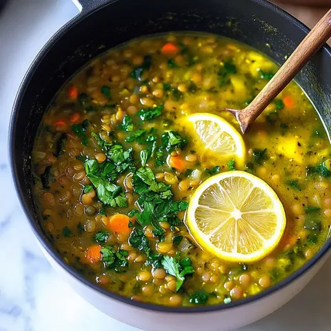 Nahaufnahme eines Topfes Linsensuppe, garniert mit frischen Kräutern und Zitronenscheiben.
