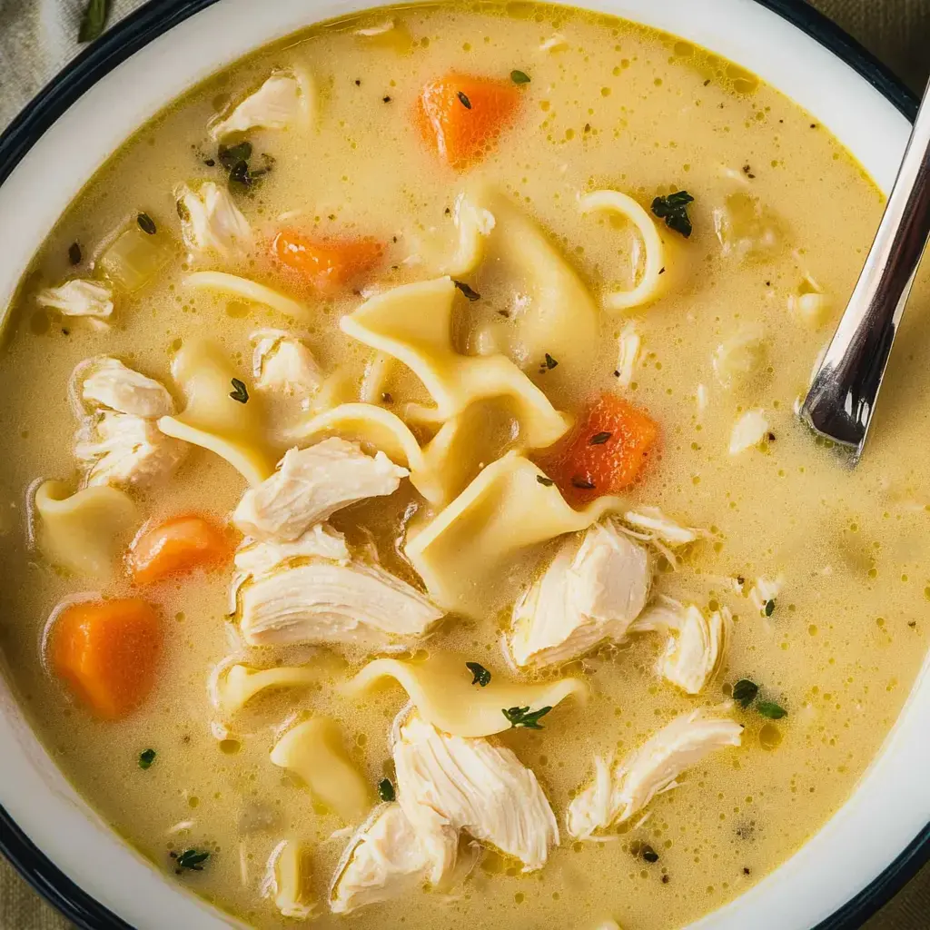 Nahaufnahme einer Schüssel Hühnchensuppe mit Nudeln, Hähnchenstückchen, Karotten und frischen Kräutern in einer cremigen Brühe.