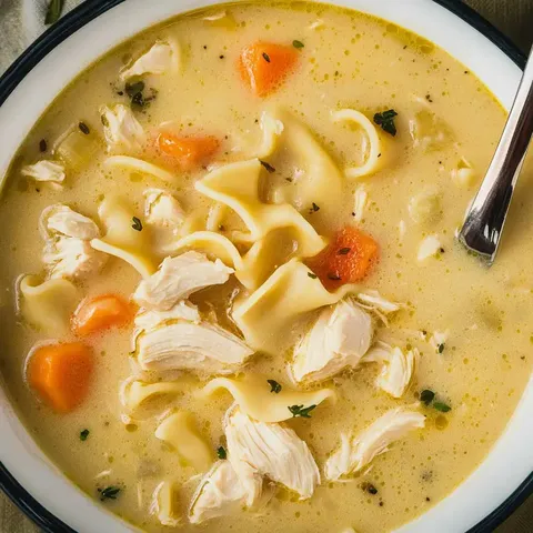 Nahaufnahme einer Schüssel Hühnchensuppe mit Nudeln, Hähnchenstückchen, Karotten und frischen Kräutern in einer cremigen Brühe.