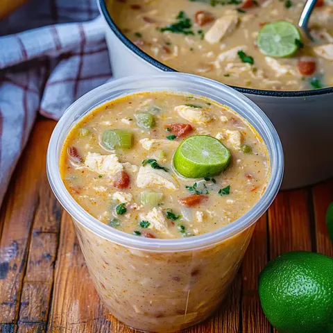 Ein durchsichtiger Plastikbehälter mit cremiger Suppe, Hühnchenstücken, grünem Gemüse und Limettenscheiben. Daneben ein Topf Suppe und frische Limetten auf einer Holzfläche.
