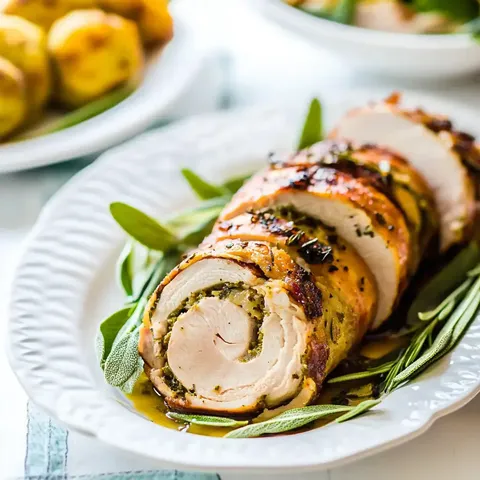 Herrlich aufgeschnittene Putenroulade mit Kräuterfüllung, serviert mit frischen Salbeiblättern.