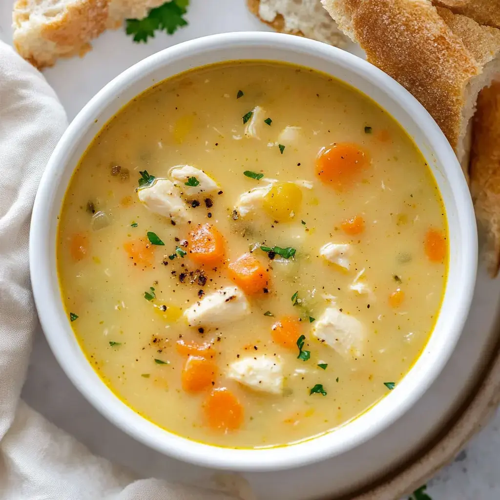 Eine Schüssel cremige Hühnersuppe mit gewürfeltem Gemüse und Kräutern, serviert mit Brotstücken.