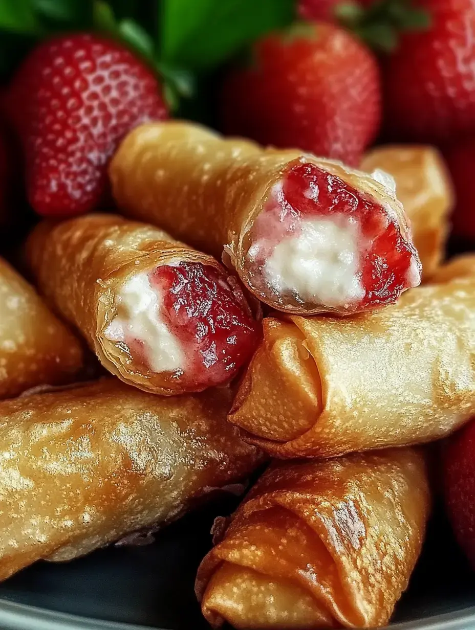 Knusprige Frühlingsrollen mit Erdbeer-Sahne-Füllung, dekoriert mit frischen Erdbeeren.