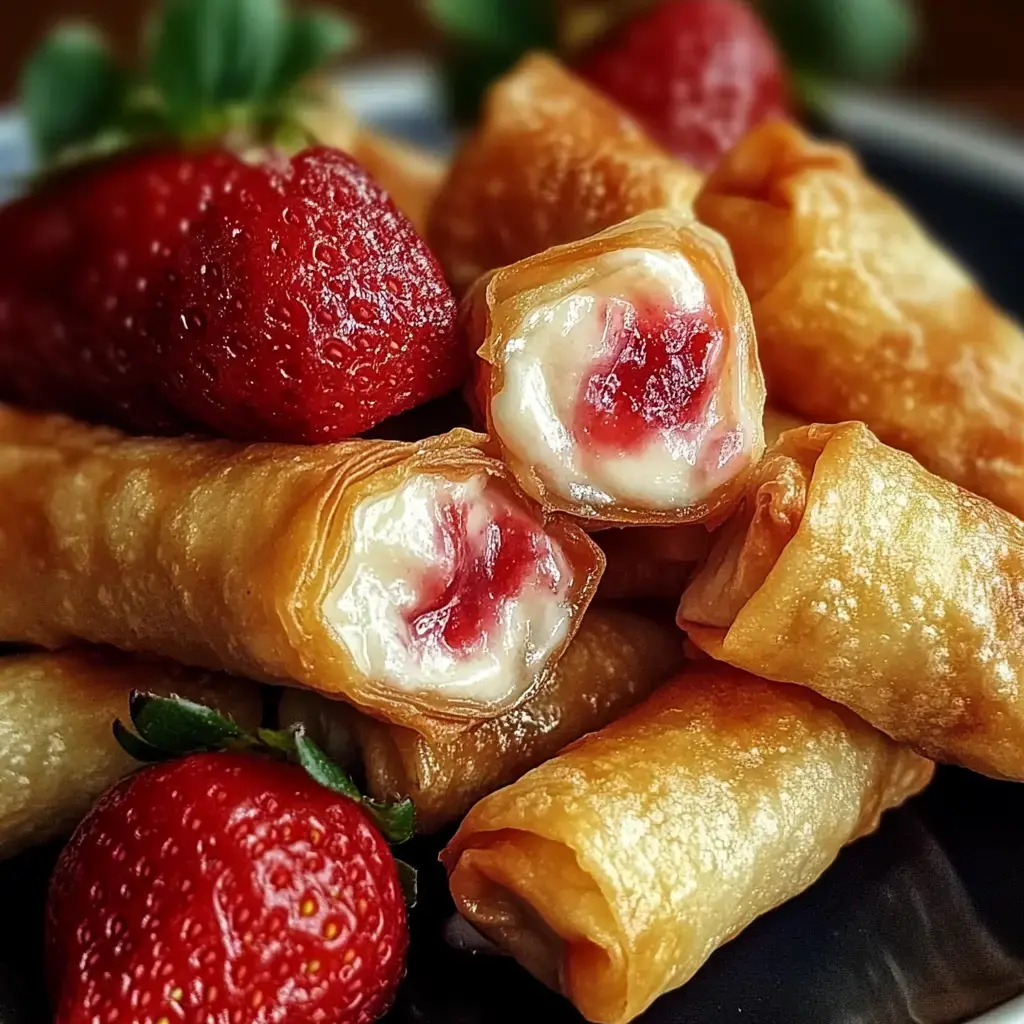 Knusprige Röllchen mit cremig-weißer Füllung und roten Früchten, serviert mit Erdbeeren.