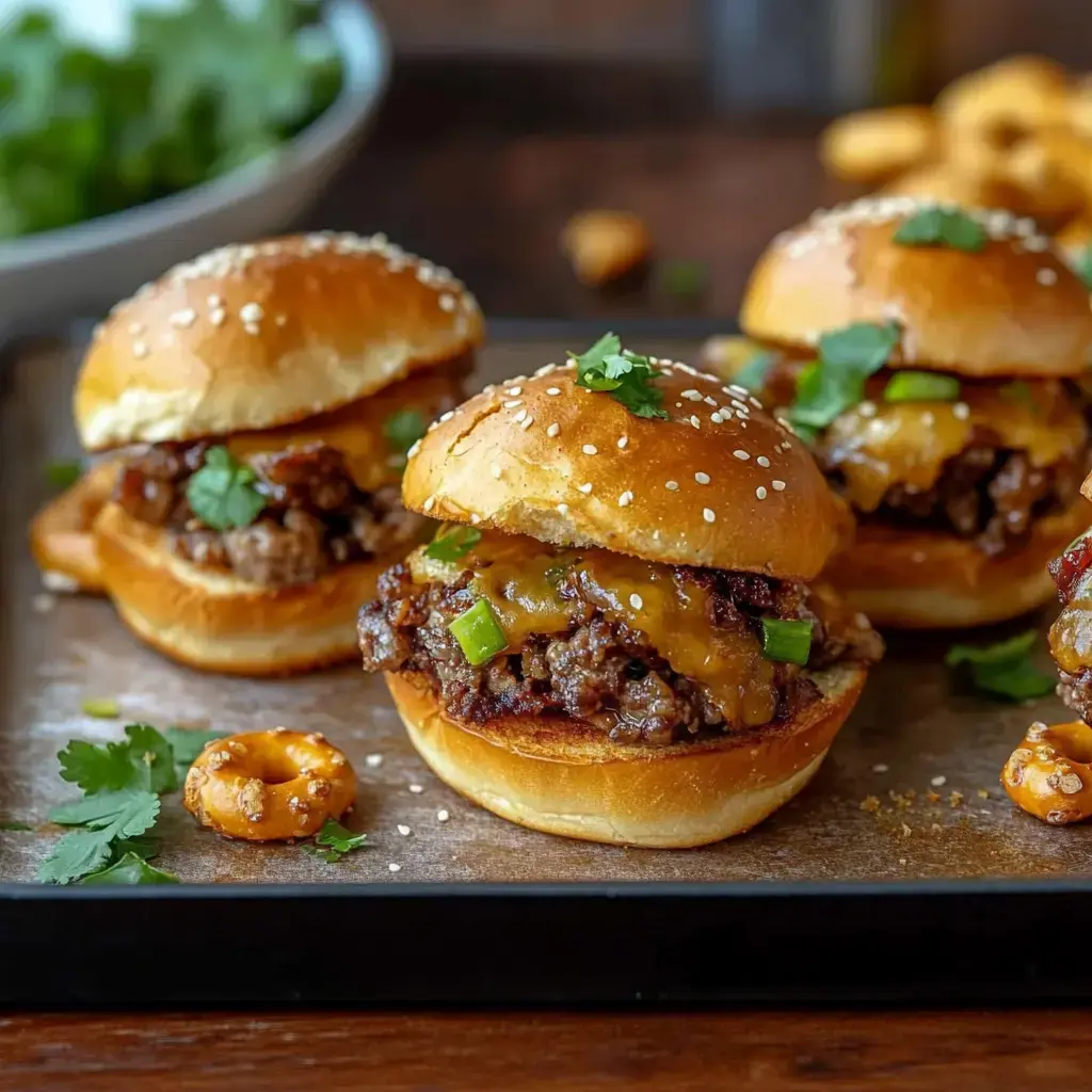 Drei saftige Beef-Slider mit geschmolzenem Käse, Frühlingszwiebeln und Koriander auf einem Holzbrett, dazu eine Schale Kräuter und Snacks.