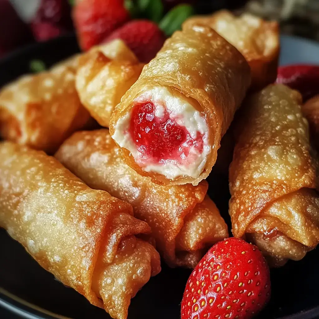 Knusprige Röllchen mit cremiger Erdbeerfüllung, umrahmt von frischen Erdbeeren.