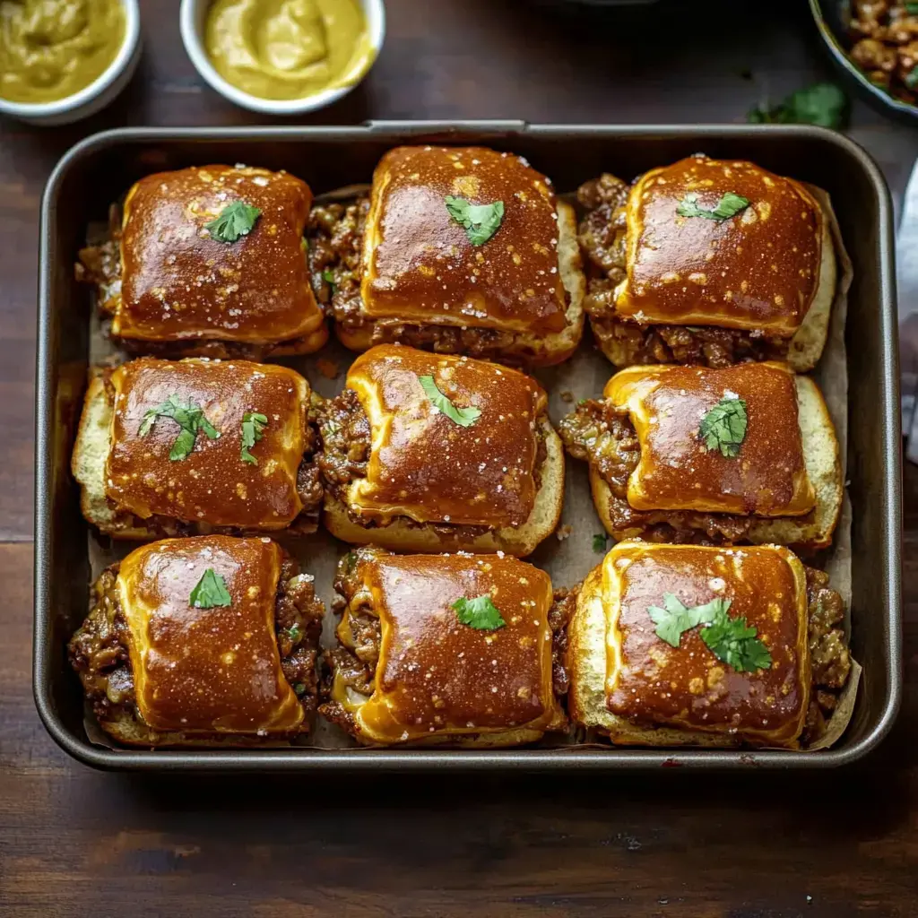 Ein Blech frisch gebackener Slider mit Koriander bestreut, dazu Schalen mit Senf.