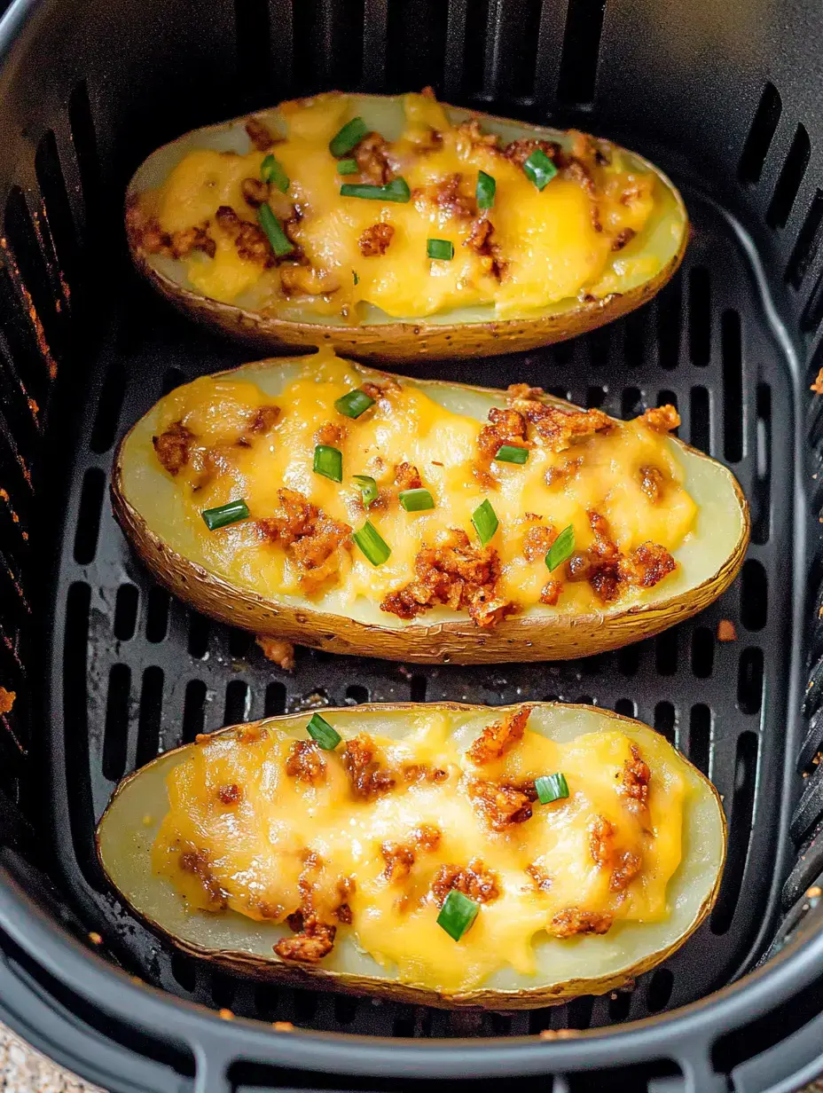 Drei überbackene Kartoffeln mit geschmolzenem Käse und Frühlingszwiebeln im Airfryer.