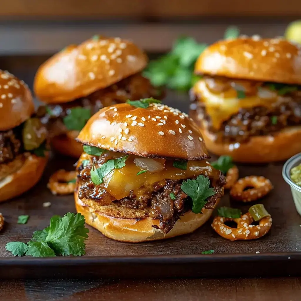 Nahaufnahme von mehreren kleinen Burgern mit Sesam, Rindfleisch, geschmolzenem Käse und frischen Kräutern, serviert auf Holzbrett mit Laugen-Snacks und Dip.