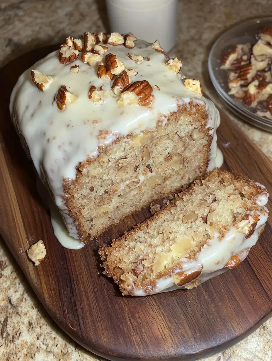Ein angeschnittener Kastenkuchen mit weißem Guss und gehackten Nüssen auf einem Holzbrett.