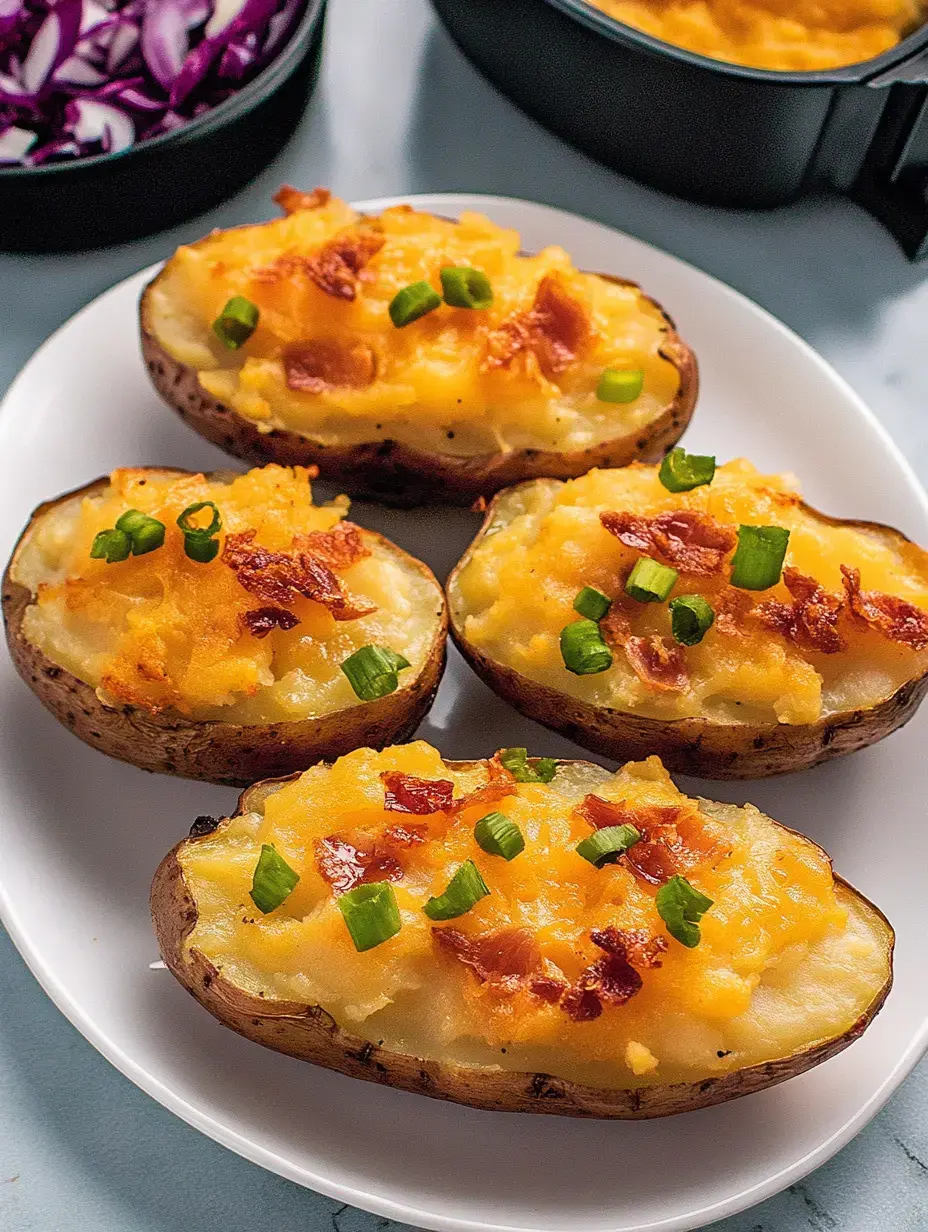 Vier gefüllte Kartoffelhälften mit Käse, Speck und Frühlingszwiebeln auf einem Teller. Im Hintergrund eine Schüssel Rotkohl und eine Schale mit Dip.