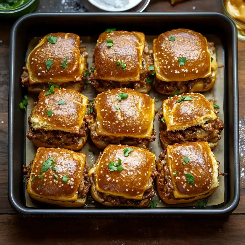 Ein Tablett voller herzhafter Slider mit goldbraunen, weichen Brötchen, gefüllt mit Fleisch und frischen Kräutern.