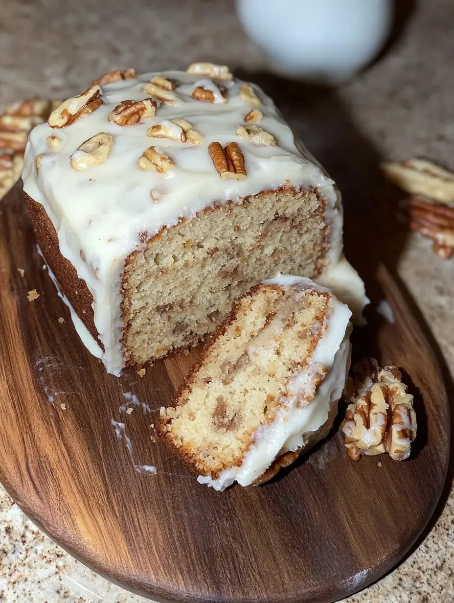 Ein aufgeschnittener Kuchen mit Frischkäseglasur und gehackten Pekannüssen liegt auf einem Holzbrett.
