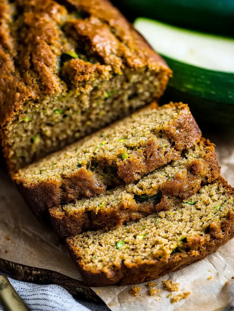 Ein frisch gebackenes Zucchinibrot, angeschnitten mit ganzen Zucchini im Hintergrund.