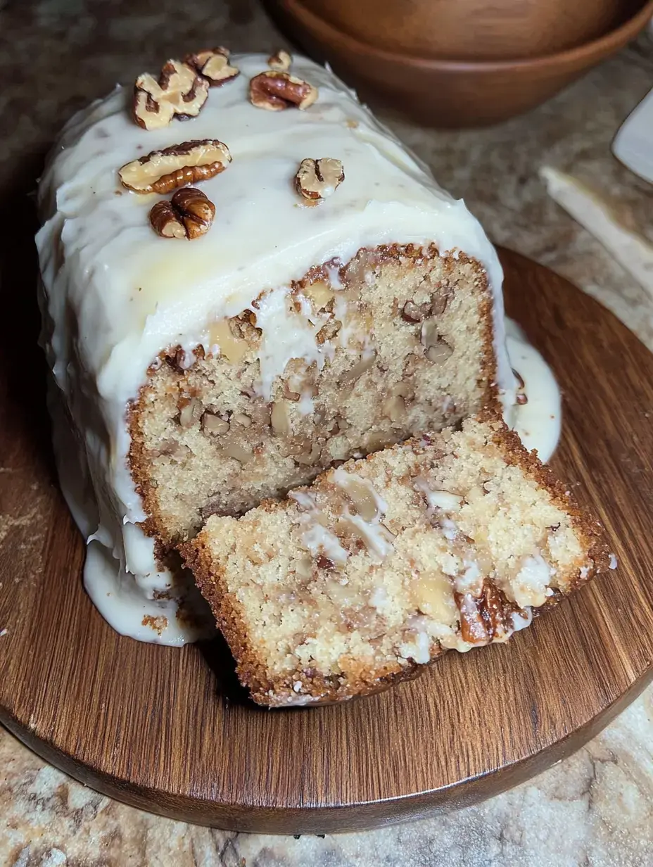 Ein angeschnittener Kastenkuchen mit weißem Guss und Pekannüssen auf einem Holzteller.