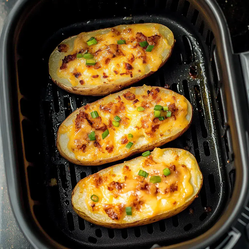Drei gefüllte Backkartoffeln mit Käse und Frühlingszwiebeln im Airfryer.