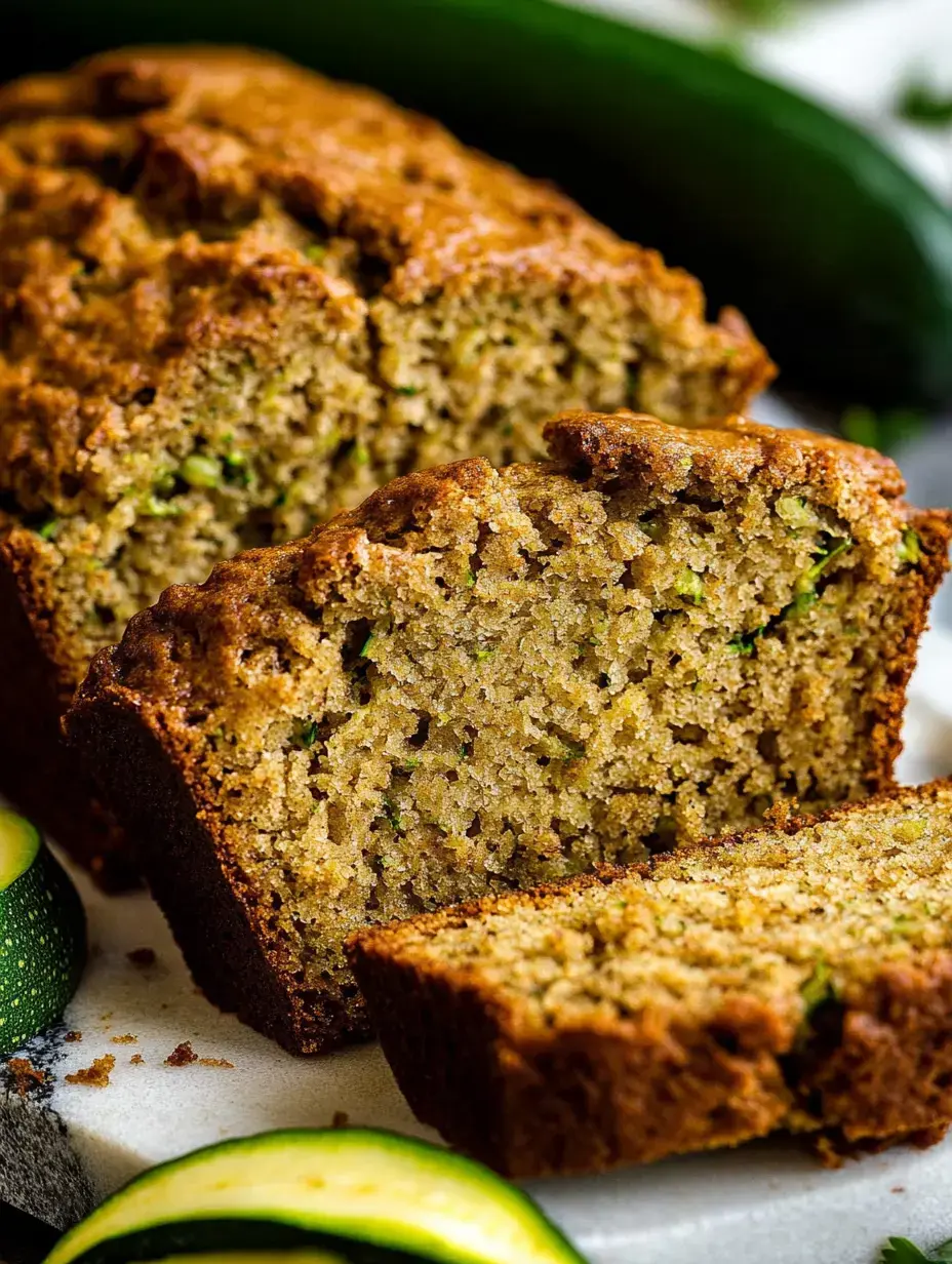 Ein frisch gebackenes Zucchinibrot mit angeschnittenen Scheiben, saftig und mit Zucchinistückchen erkennbar.