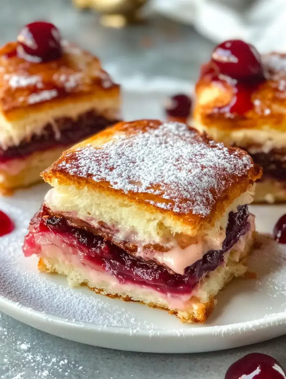 Ein Stück geschichtetes Dessert mit Creme und Fruchtfüllung, mit Puderzucker und einer Kirsche oben drauf, serviert auf einem weißen Teller.