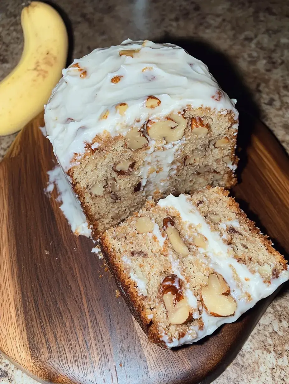 Ein aufgeschnittener Kuchen mit Frischkäsecreme und Walnüssen liegt auf einem Holzbrett neben einer Banane.