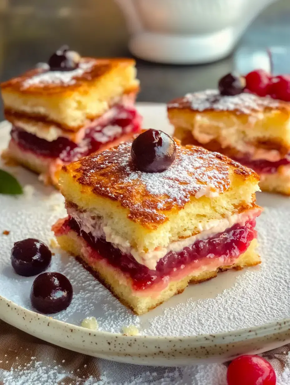 Nahaufnahme von Dessertschnitten mit Creme und Fruchtfüllung, getoppt mit einer Kirsche und Puderzucker.