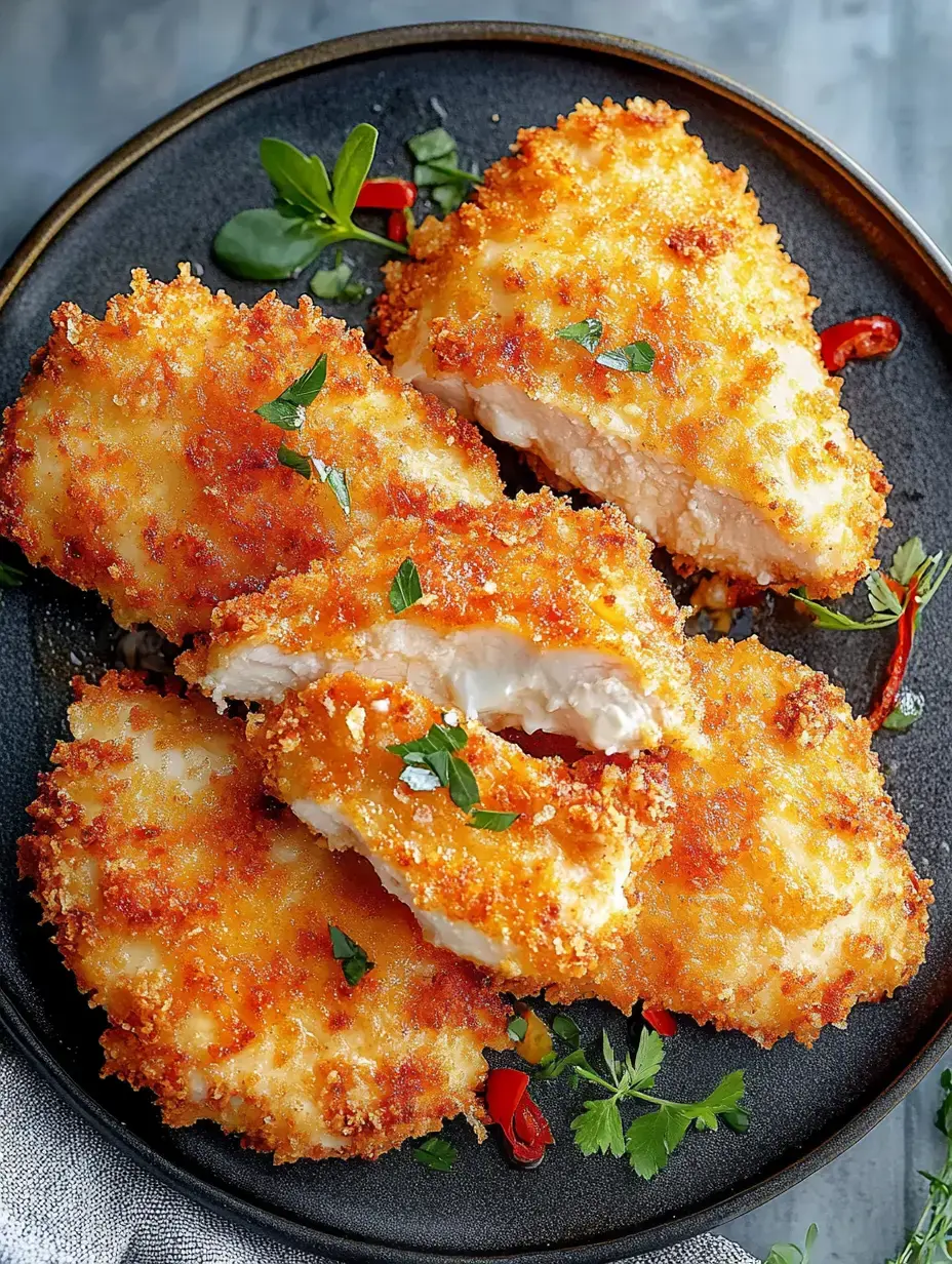 Ein Teller mit goldbraunem, knusprig paniertem Hähnchenfleisch, garniert mit frischen Kräutern und Chili.