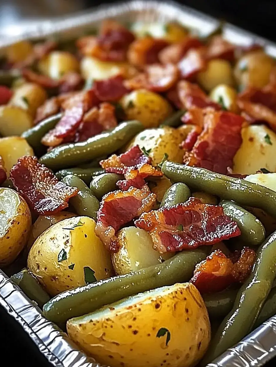 Nahaufnahme von ofengerösteten kleinen Kartoffeln und grünen Bohnen mit knusprigem Speck obenauf in einer Aluschale.